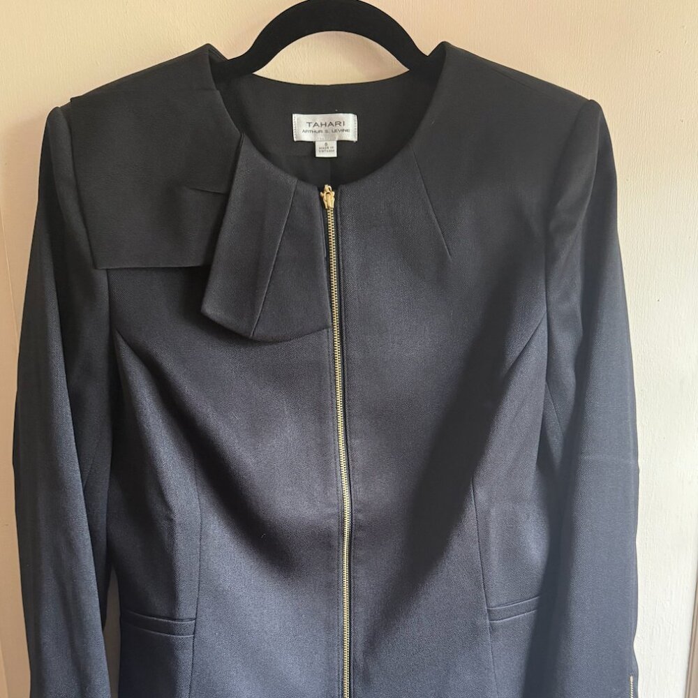 Tahari ASL Women's Collarless Zip Front Bow Jacket, Black, Size 8, NWT